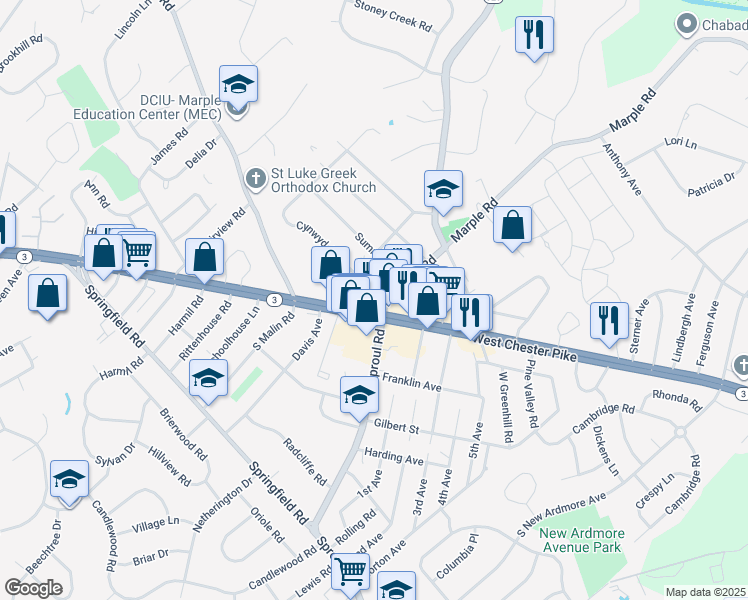 map of restaurants, bars, coffee shops, grocery stores, and more near 2601 West Chester Pike in Broomall