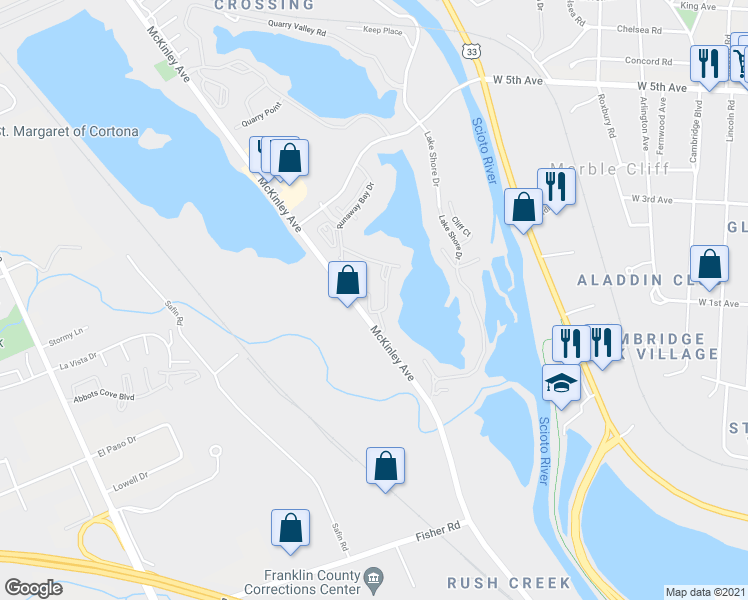 map of restaurants, bars, coffee shops, grocery stores, and more near 1356 Runaway Bay Drive in Columbus
