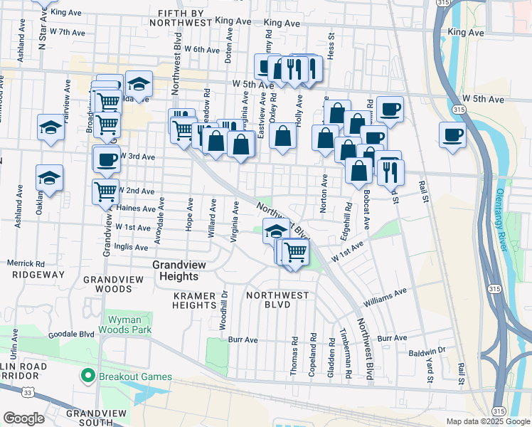 map of restaurants, bars, coffee shops, grocery stores, and more near 1161 Northwest Boulevard in Grandview Heights