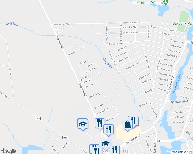 map of restaurants, bars, coffee shops, grocery stores, and more near Alfred Drive in Pemberton Township