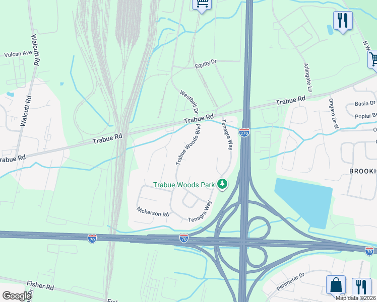 map of restaurants, bars, coffee shops, grocery stores, and more near 1492 Trabue Woods Boulevard in Columbus