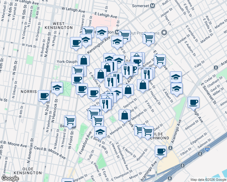 map of restaurants, bars, coffee shops, grocery stores, and more near 2424 Martha Street in Philadelphia