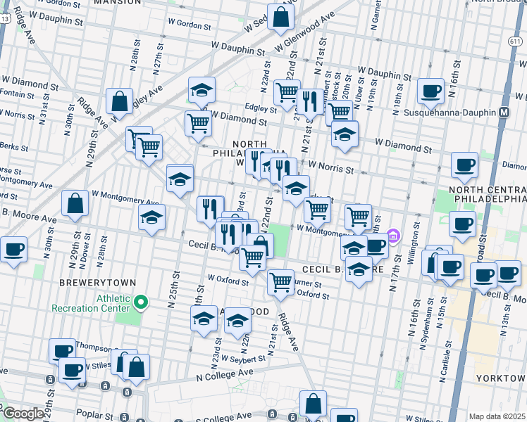 map of restaurants, bars, coffee shops, grocery stores, and more near 1818 North 22nd Street in Philadelphia