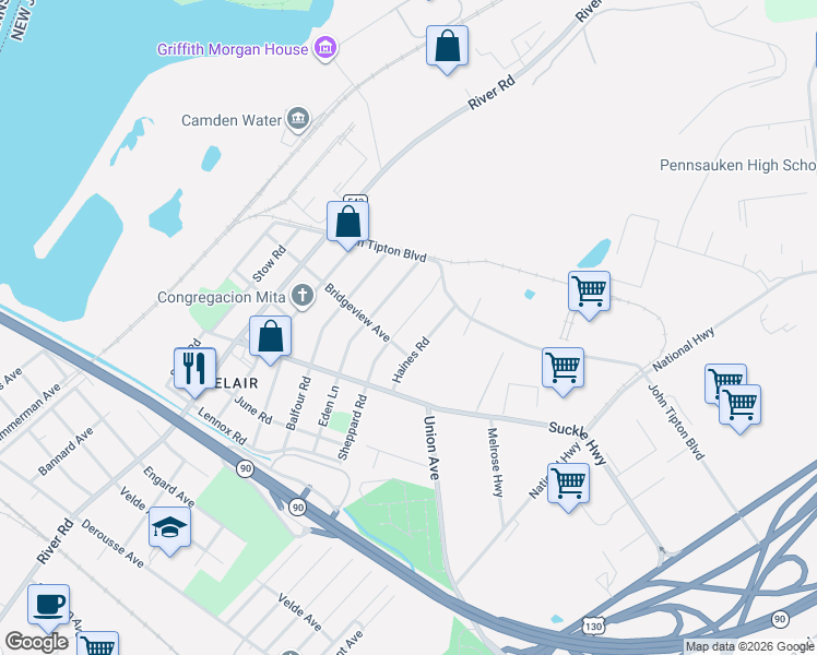 map of restaurants, bars, coffee shops, grocery stores, and more near 8428 Sheppard Road in Pennsauken Township