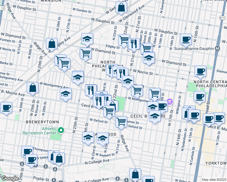 map of restaurants, bars, coffee shops, grocery stores, and more near 1818 North 22nd Street in Philadelphia