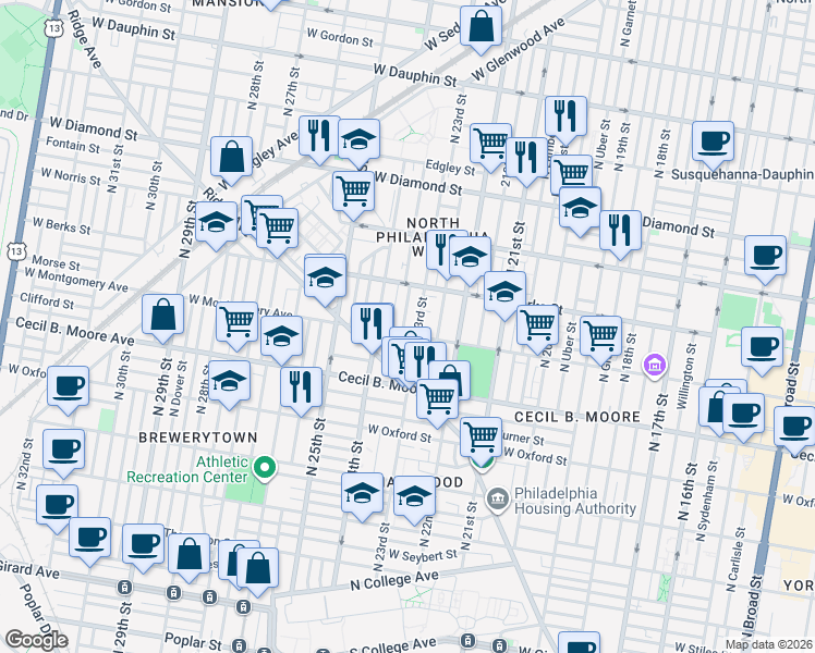 map of restaurants, bars, coffee shops, grocery stores, and more near 1819 North Judson Street in Philadelphia