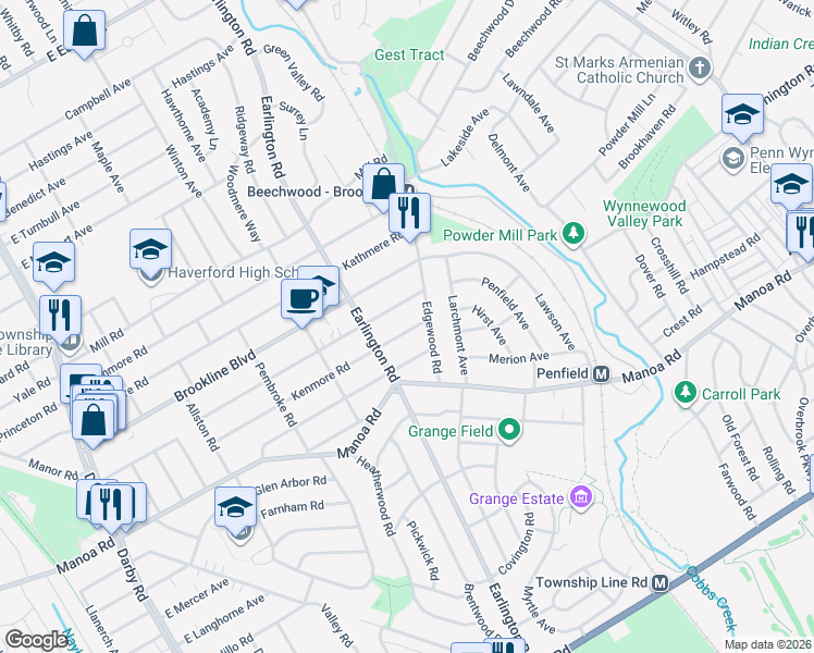 map of restaurants, bars, coffee shops, grocery stores, and more near 551 Kenmore Road in Havertown