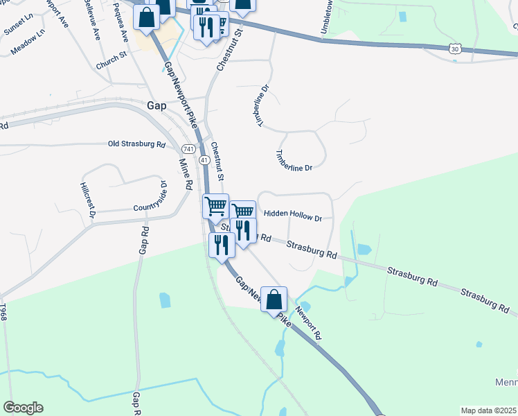 map of restaurants, bars, coffee shops, grocery stores, and more near 885 Hidden Hollow Drive in Gap