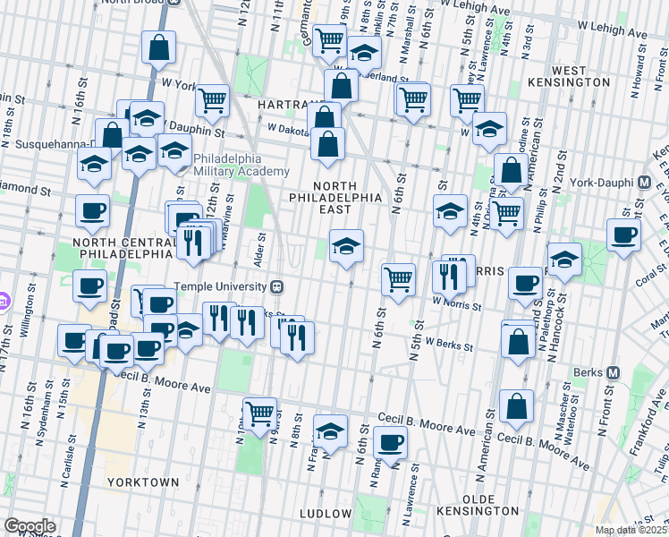 map of restaurants, bars, coffee shops, grocery stores, and more near 2022 North Franklin Street in Philadelphia