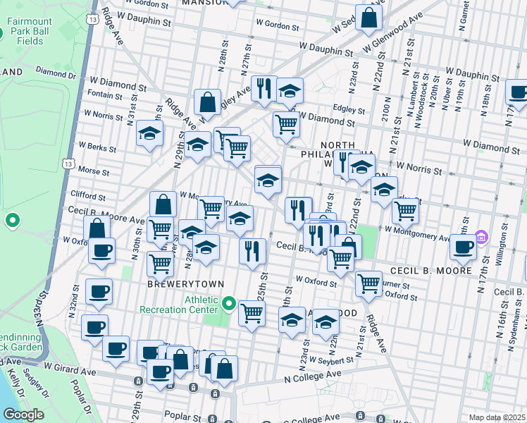 map of restaurants, bars, coffee shops, grocery stores, and more near in Philadelphia