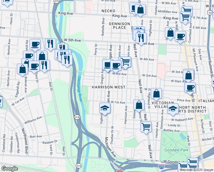 map of restaurants, bars, coffee shops, grocery stores, and more near 474 West 2nd Avenue in Columbus
