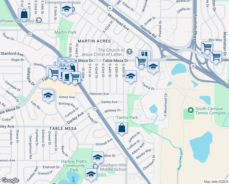 map of restaurants, bars, coffee shops, grocery stores, and more near 755 South 45th Street in Boulder