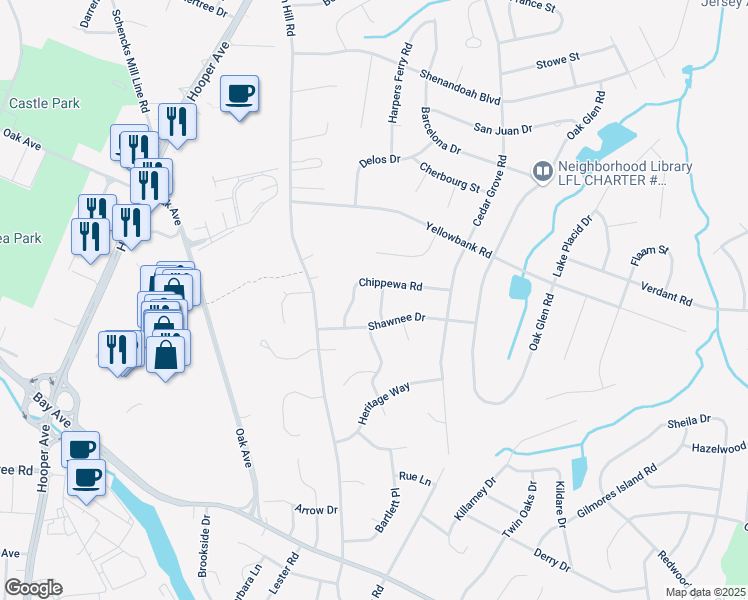 map of restaurants, bars, coffee shops, grocery stores, and more near 5 Apache Drive in Toms River