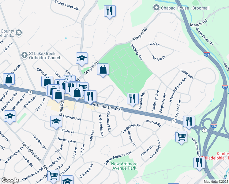 map of restaurants, bars, coffee shops, grocery stores, and more near 39 Strathaven Drive in Broomall