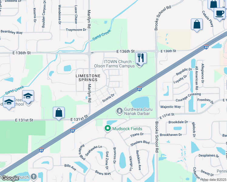 map of restaurants, bars, coffee shops, grocery stores, and more near 13225 Quarry Lane in Noblesville