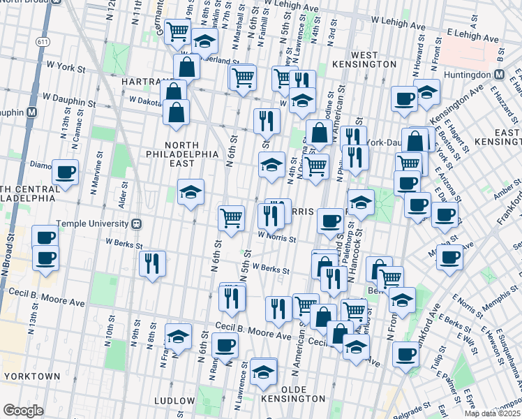map of restaurants, bars, coffee shops, grocery stores, and more near 2052 North Orkney Street in Philadelphia
