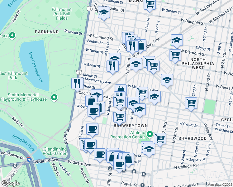 map of restaurants, bars, coffee shops, grocery stores, and more near 2932 West Glenwood Avenue in Philadelphia