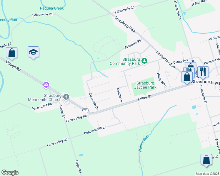 map of restaurants, bars, coffee shops, grocery stores, and more near 312 Susan Avenue in Strasburg