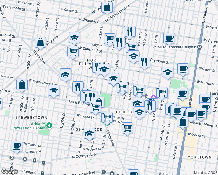 map of restaurants, bars, coffee shops, grocery stores, and more near 1827 North Van Pelt Street in Philadelphia