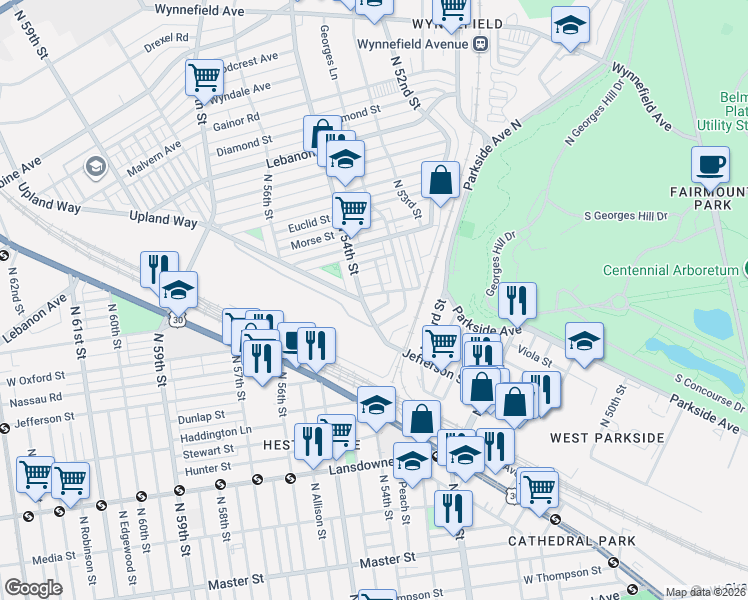 map of restaurants, bars, coffee shops, grocery stores, and more near 5328 West Columbia Avenue in Philadelphia