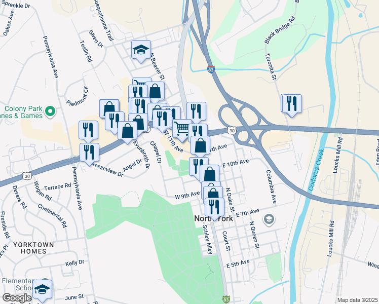 map of restaurants, bars, coffee shops, grocery stores, and more near 44 West 11th Avenue in York