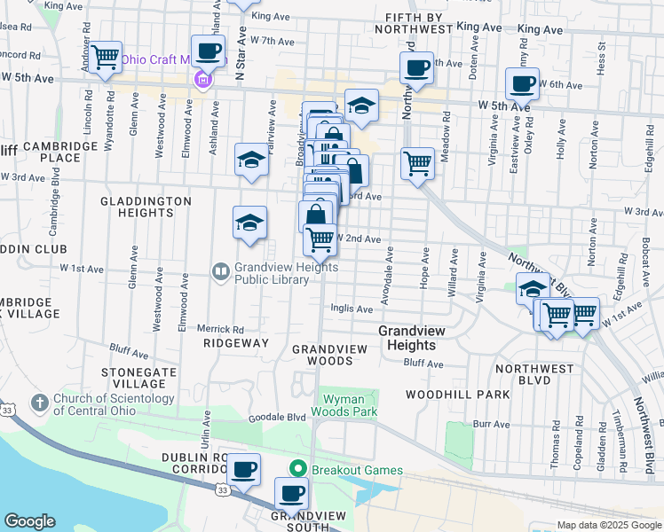 map of restaurants, bars, coffee shops, grocery stores, and more near 1212 Grandview Avenue in Grandview Heights