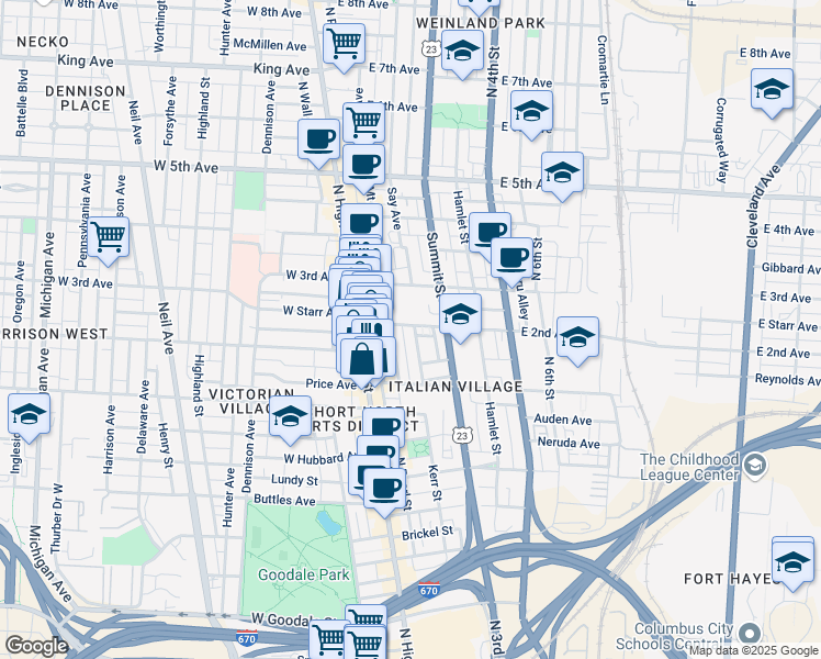 map of restaurants, bars, coffee shops, grocery stores, and more near 99 East 2nd Avenue in Columbus