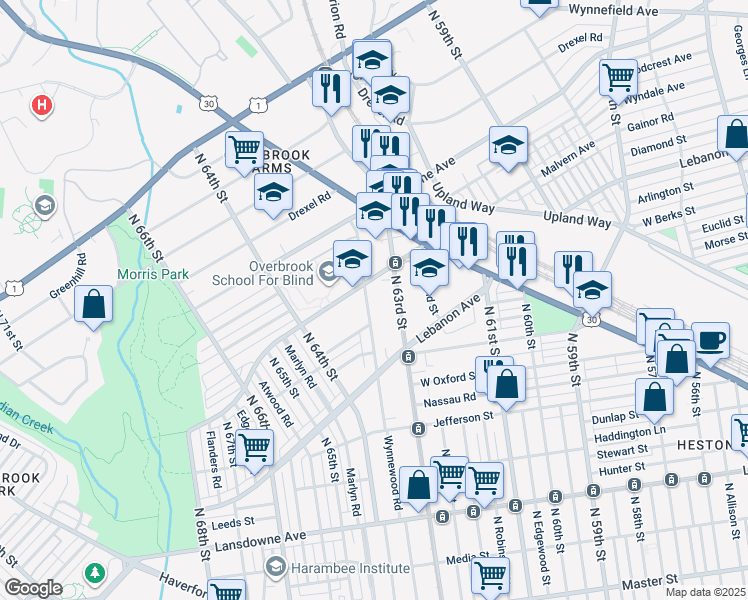 map of restaurants, bars, coffee shops, grocery stores, and more near 1859 Wynnewood Road in Philadelphia