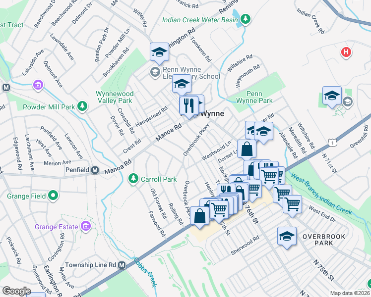 map of restaurants, bars, coffee shops, grocery stores, and more near 110 Overbrook Parkway in Wynnewood