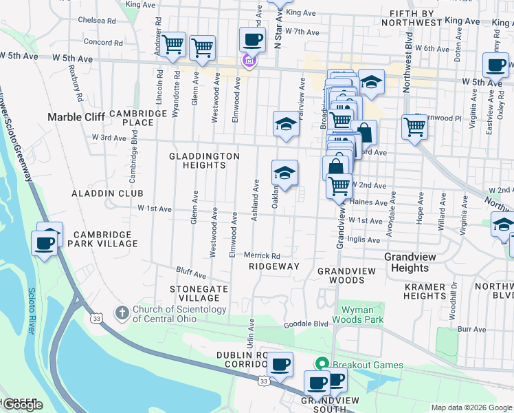 map of restaurants, bars, coffee shops, grocery stores, and more near 1246 Ashland Avenue in Grandview Heights