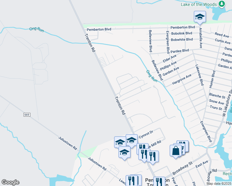 map of restaurants, bars, coffee shops, grocery stores, and more near 304 Trenton Road in Browns Mills