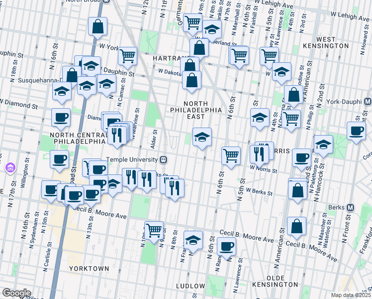 map of restaurants, bars, coffee shops, grocery stores, and more near 2016 North 8th Street in Philadelphia
