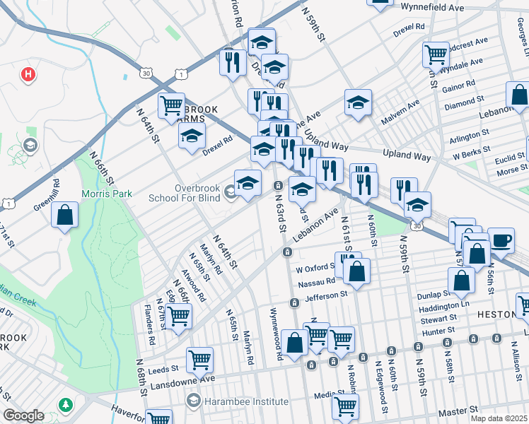 map of restaurants, bars, coffee shops, grocery stores, and more near 1859 Wynnewood Road in Philadelphia