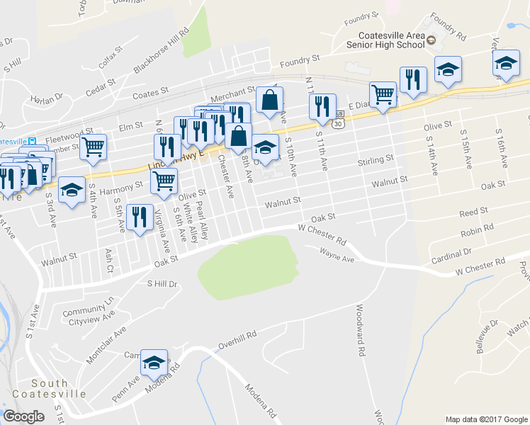 map of restaurants, bars, coffee shops, grocery stores, and more near 802 Walnut Street in Coatesville