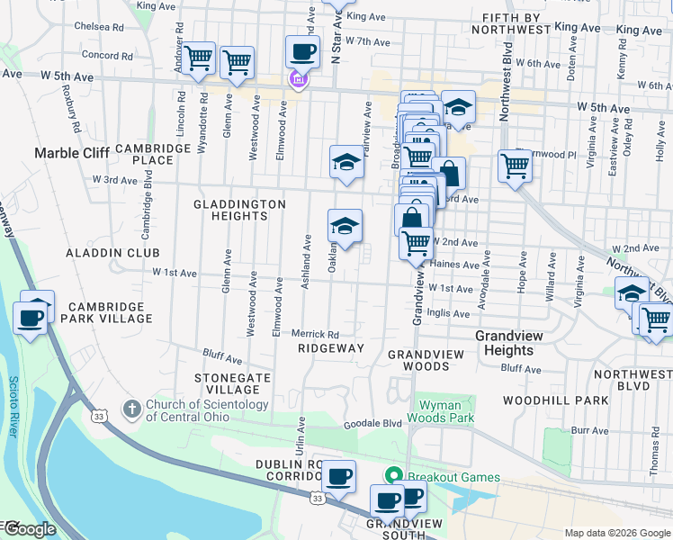 map of restaurants, bars, coffee shops, grocery stores, and more near 1230 Oakland Avenue in Columbus