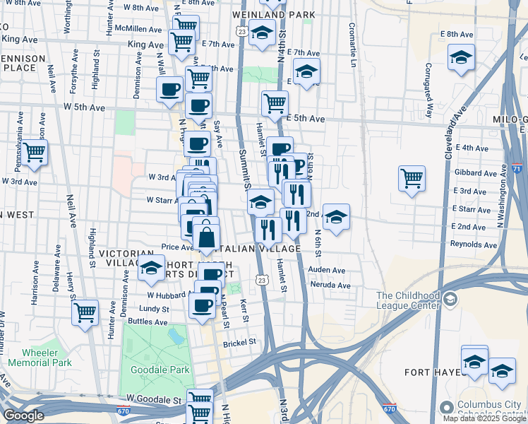 map of restaurants, bars, coffee shops, grocery stores, and more near Beacon Alley in Columbus