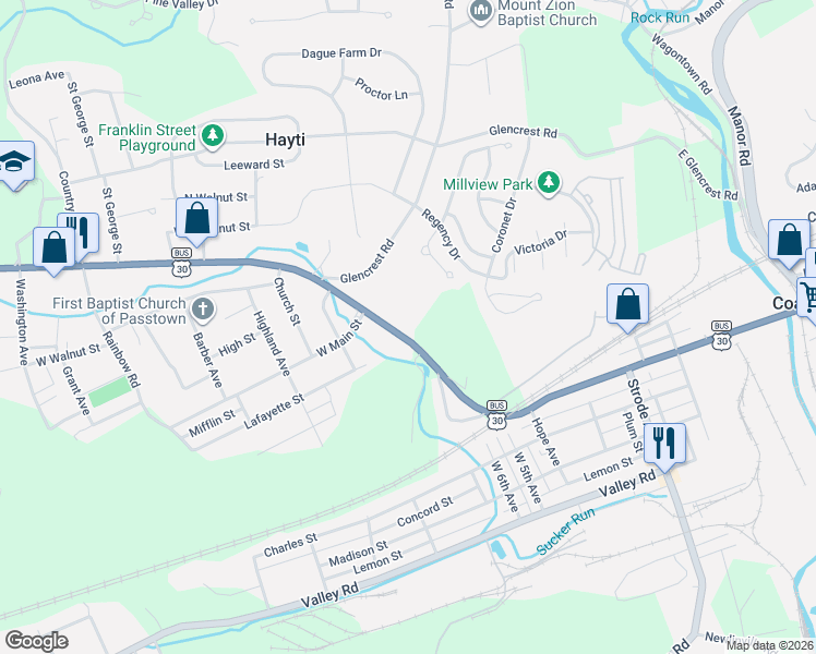 map of restaurants, bars, coffee shops, grocery stores, and more near 735 W Lincoln Hwy in Coatesville