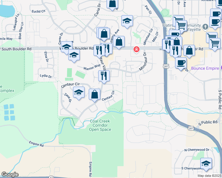 map of restaurants, bars, coffee shops, grocery stores, and more near 1103 West Centaur Circle in Lafayette