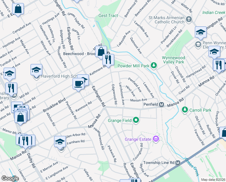 map of restaurants, bars, coffee shops, grocery stores, and more near 551 Kenmore Road in Havertown