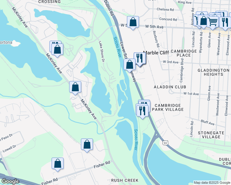 map of restaurants, bars, coffee shops, grocery stores, and more near 1326 Lake Shore Drive in Columbus