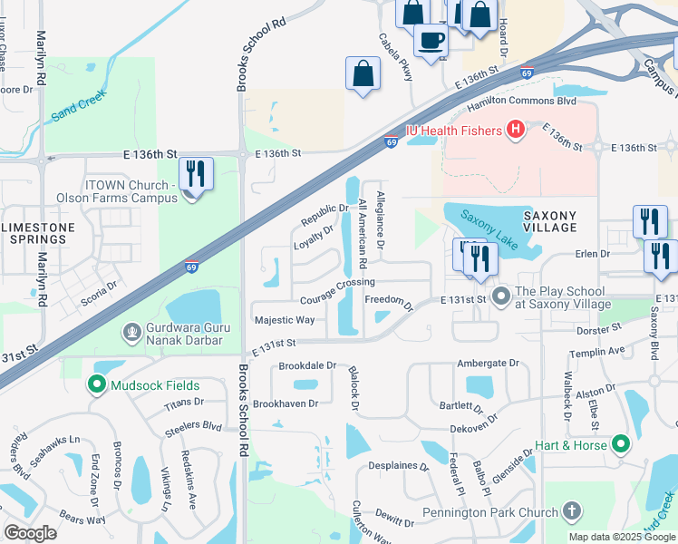 map of restaurants, bars, coffee shops, grocery stores, and more near 12709 Endurance Drive in Fishers