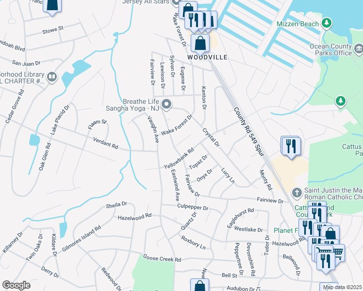 map of restaurants, bars, coffee shops, grocery stores, and more near 1015 Zircon Drive in Toms River