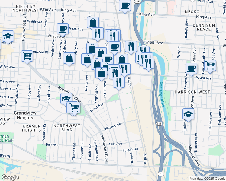 map of restaurants, bars, coffee shops, grocery stores, and more near 1080 Yard Street in Grandview Heights