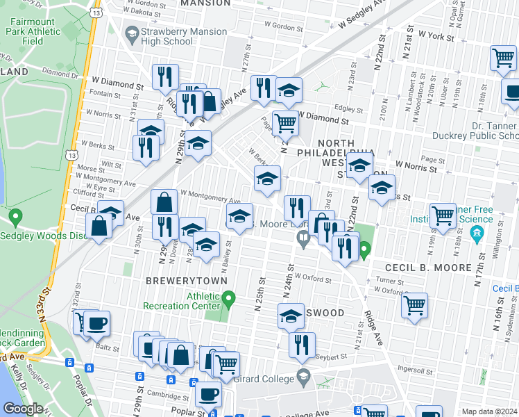 map of restaurants, bars, coffee shops, grocery stores, and more near 2526 West Montgomery Avenue in Philadelphia