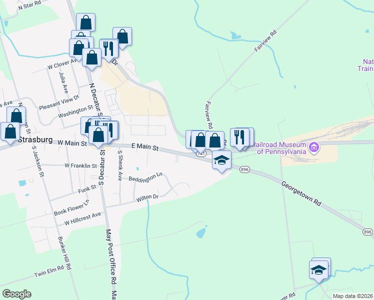 map of restaurants, bars, coffee shops, grocery stores, and more near 151 East Main Street in Strasburg