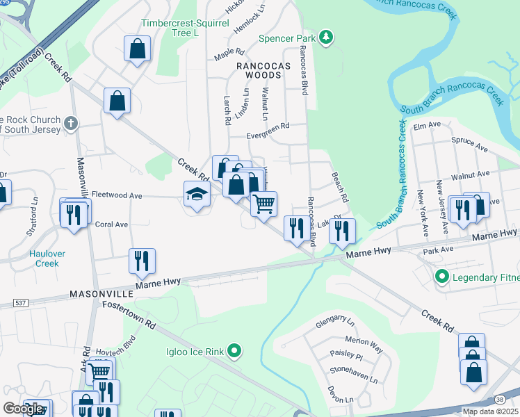 map of restaurants, bars, coffee shops, grocery stores, and more near 116A Creek Road in Mount Laurel Township
