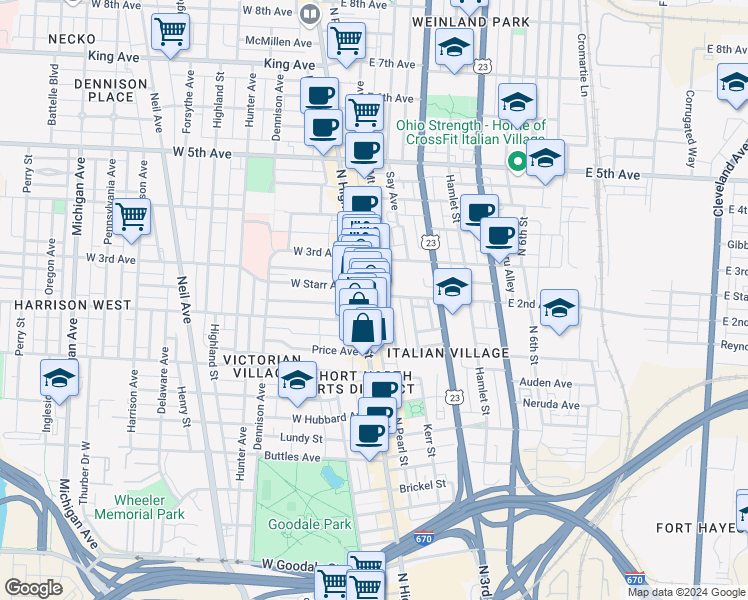 map of restaurants, bars, coffee shops, grocery stores, and more near 15 East 2nd Avenue in Columbus