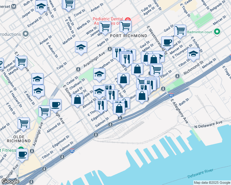 map of restaurants, bars, coffee shops, grocery stores, and more near 2987 Mercer Street in Philadelphia