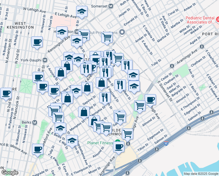 map of restaurants, bars, coffee shops, grocery stores, and more near 2559 Sepviva Street in Philadelphia