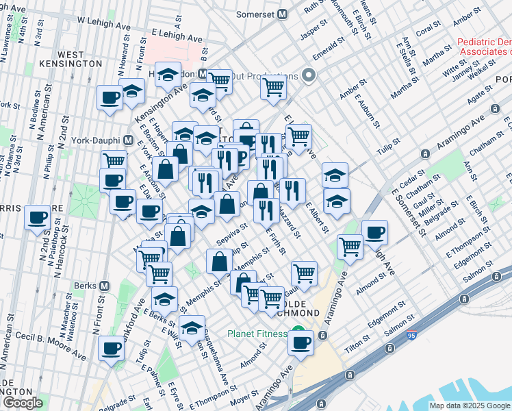 map of restaurants, bars, coffee shops, grocery stores, and more near 2161 East Firth Street in Philadelphia